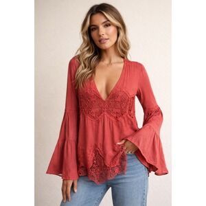 TJD Rust Red Boho Crochet Lace Deep V-Neck Bell Sleeve Top Size M J12161018